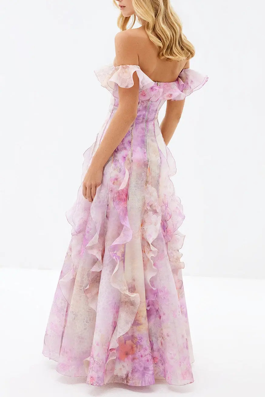 Helen Floral Frill Off-Shoulder Maxi Dress in Pink Avalabel