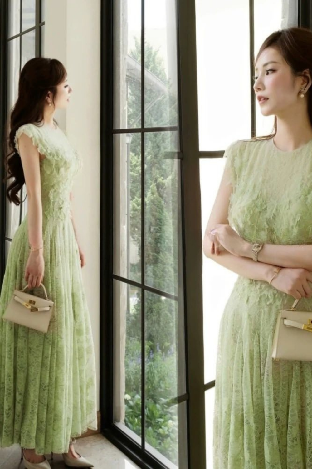 jennifer Lace Flower embellished maxi Dress in green Avalabel