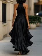 Midnight Elegance Satin Halter Ruffle Gown Avalabel
