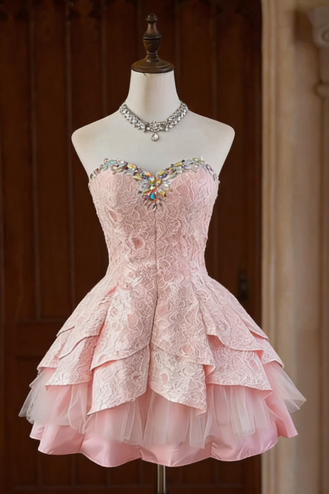 Pink Strapless Mini Tiered Dress Avalabel