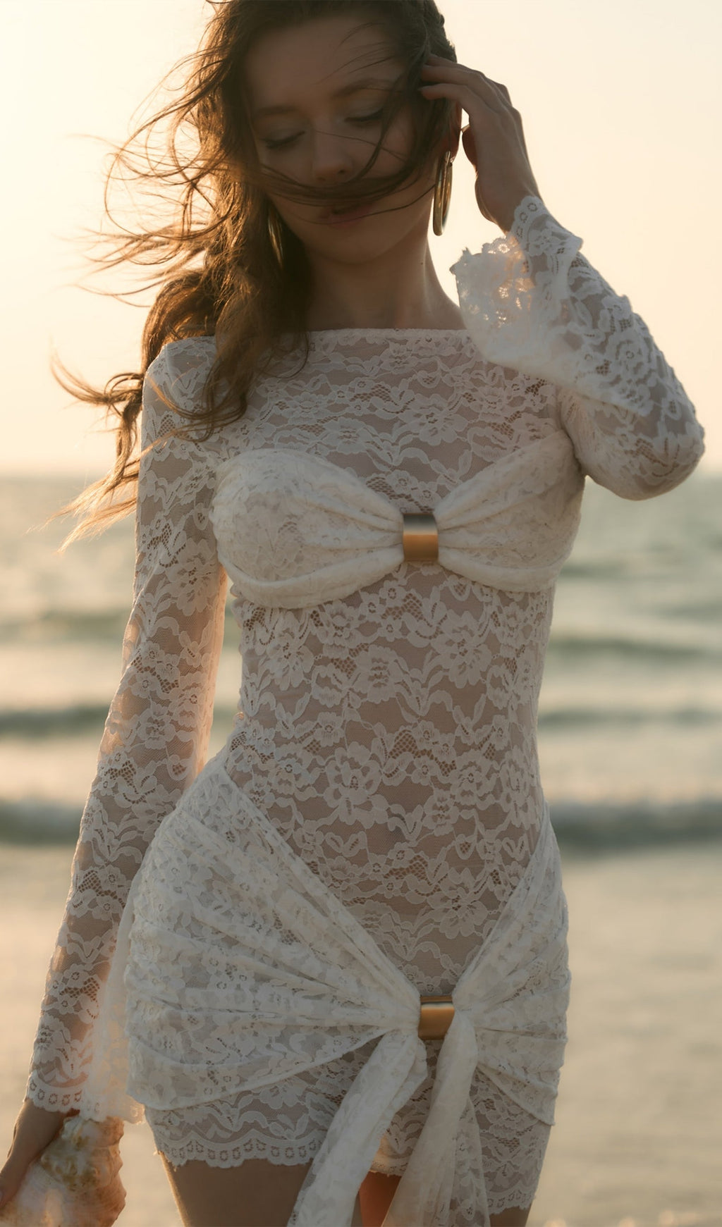 Lace Draped Neckline Mini Dress Avalabel