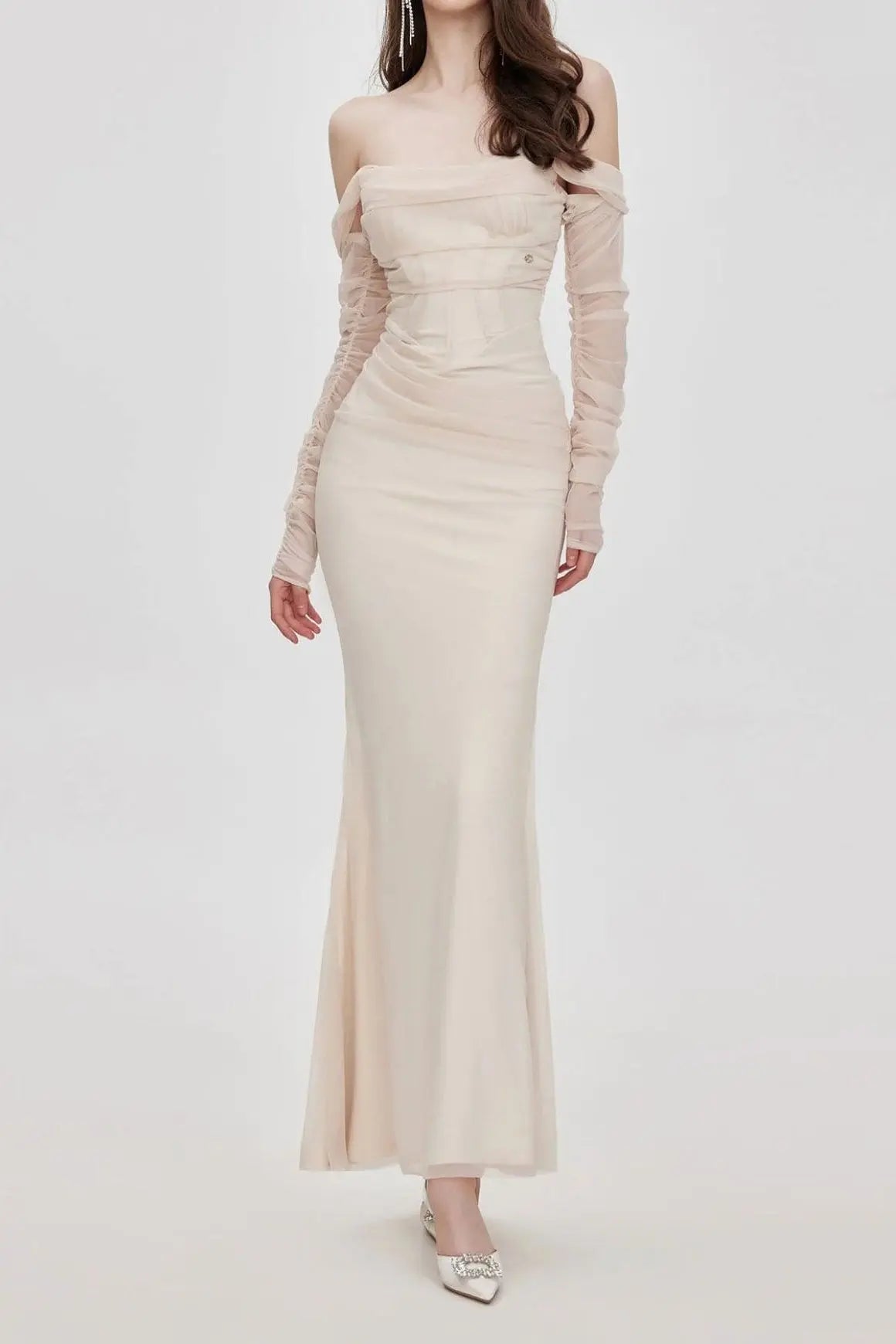Ariel Apricot Mesh Off-Shoulder Mermaid Maxi Dress Avalabel