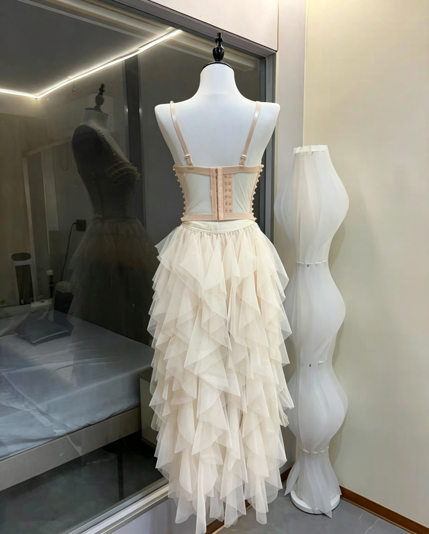 Cream Strapless Pearl Embellished Corset Top & High Low Ruffle Tulle Skirt Set Avalabel