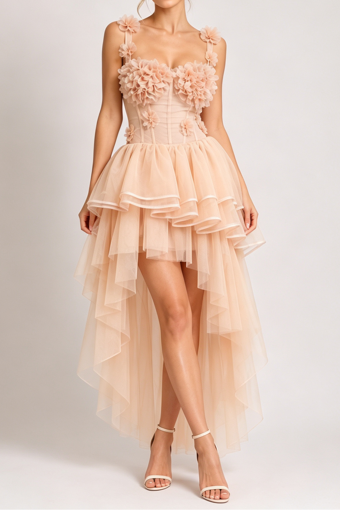 Blush Spaghetti Strap 3D Floral Corset Top & High Low Tiered Tulle Skirt Set Avalabel