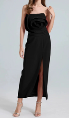 Michelle 3D Flower Strapless Midi Dress in Black Avalabel