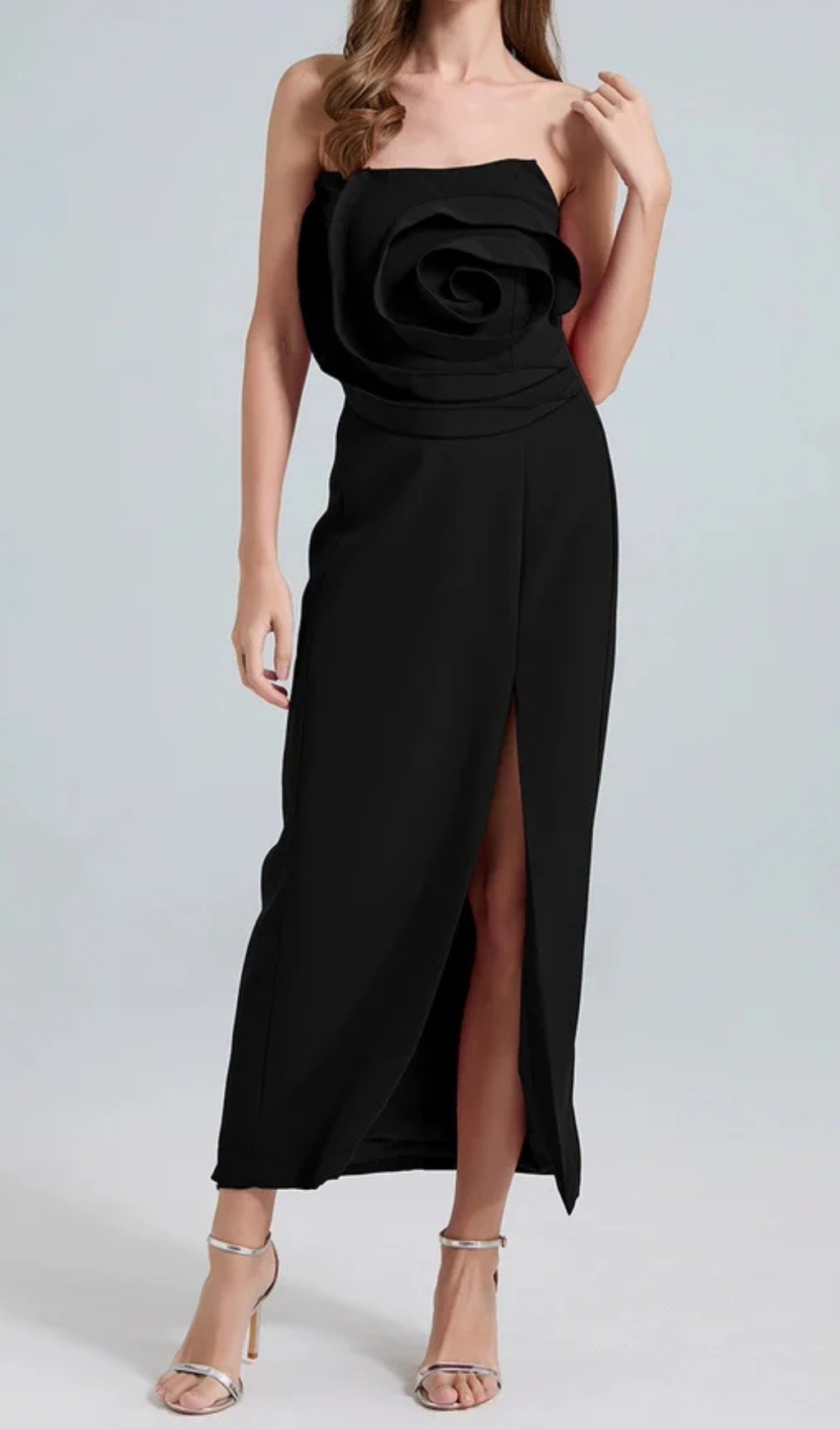 Michelle 3D Flower Strapless Midi Dress in Black Avalabel