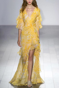 Lila Floral Ruffle V-neck Yellow Maxi Dress Avalabel