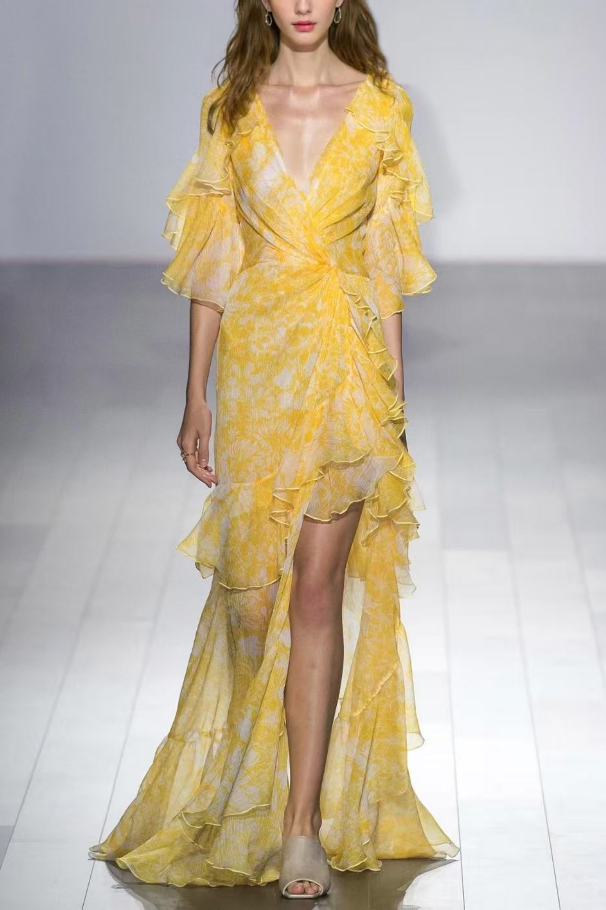 Lila Floral Ruffle V-neck Yellow Maxi Dress Avalabel
