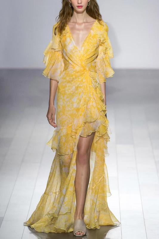 Lila Floral Ruffle V-neck Yellow Maxi Dress