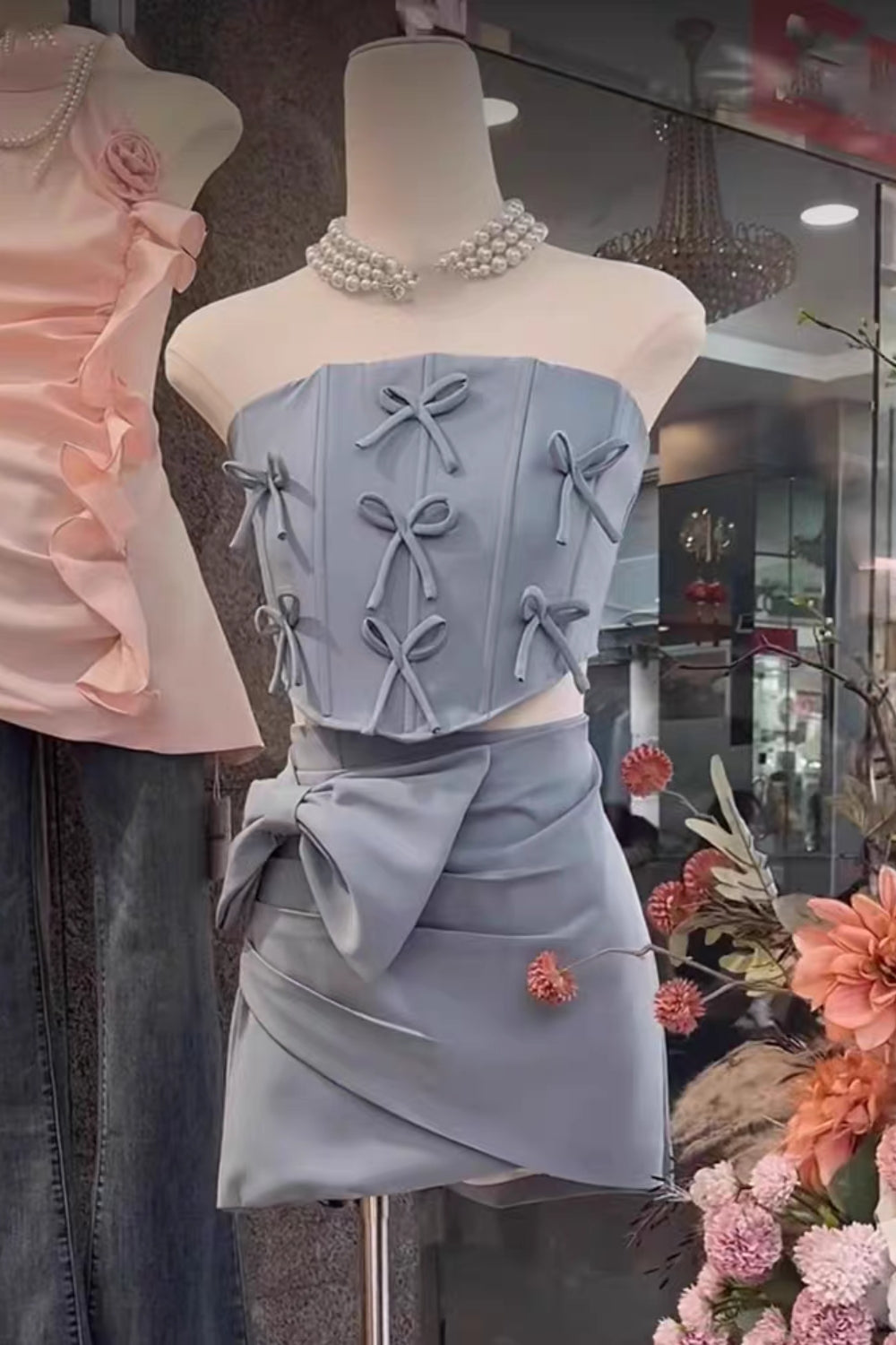 Bow Embellished Two-Piece Set In Blue Avalabel