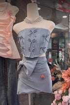 Bow Embellished Two-Piece Set In Blue Avalabel