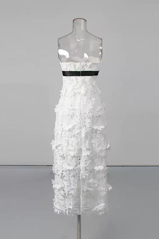 Strapless Flower Embroidery Maxi Dress In White Avalabel