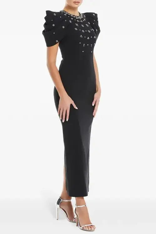 Roxanne Crystal-Embellished Crepe Bodycon Gown in Black Avalabel