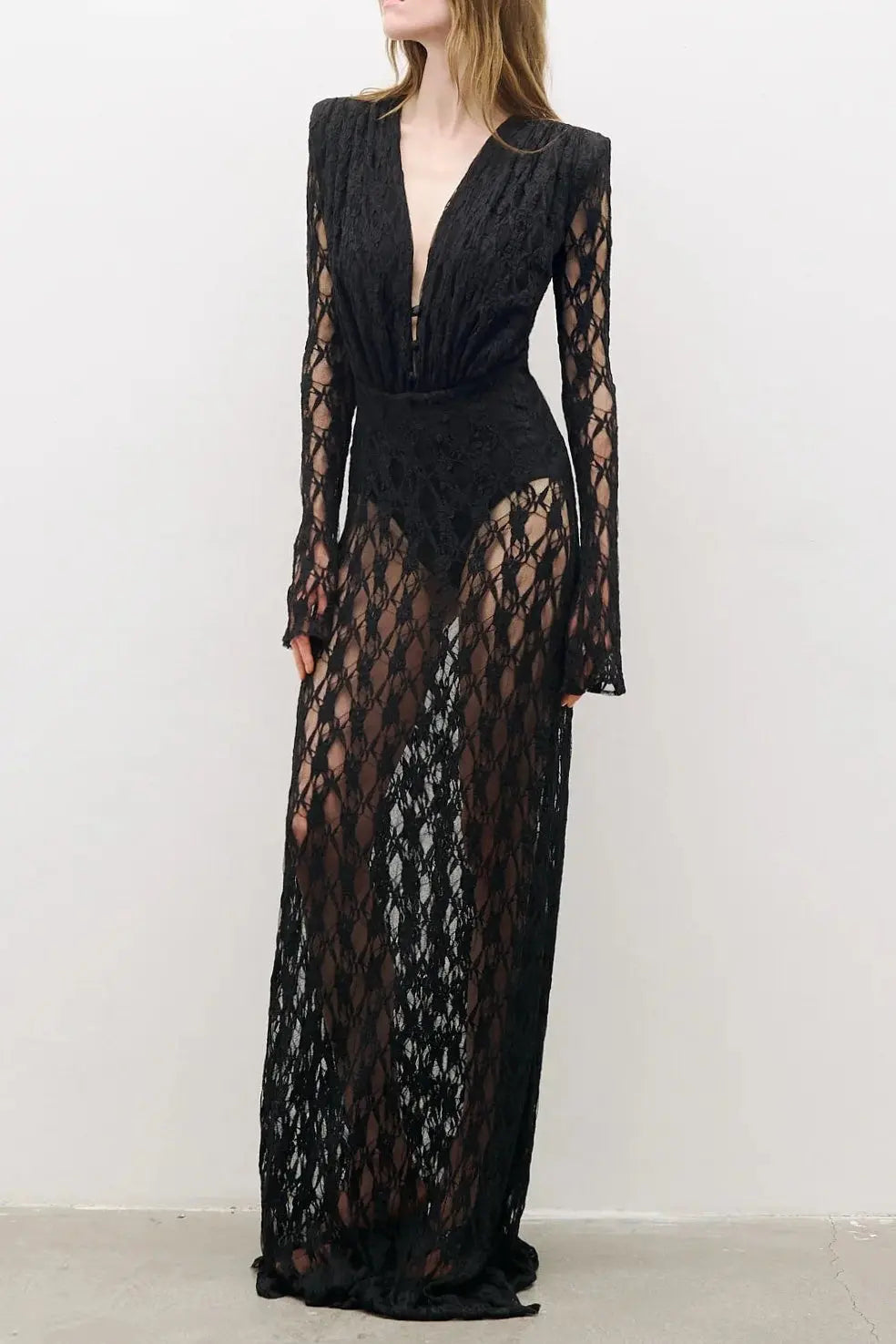 gwendolyn v neck hollow long sleeve lace maxi dress  in black Avalabel