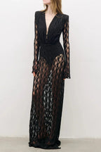 gwendolyn v neck hollow long sleeve lace maxi dress  in black Avalabel