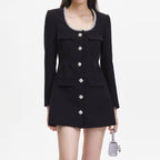 viola black Square Neck Rhinestone Pleated Mini Dress Avalabel