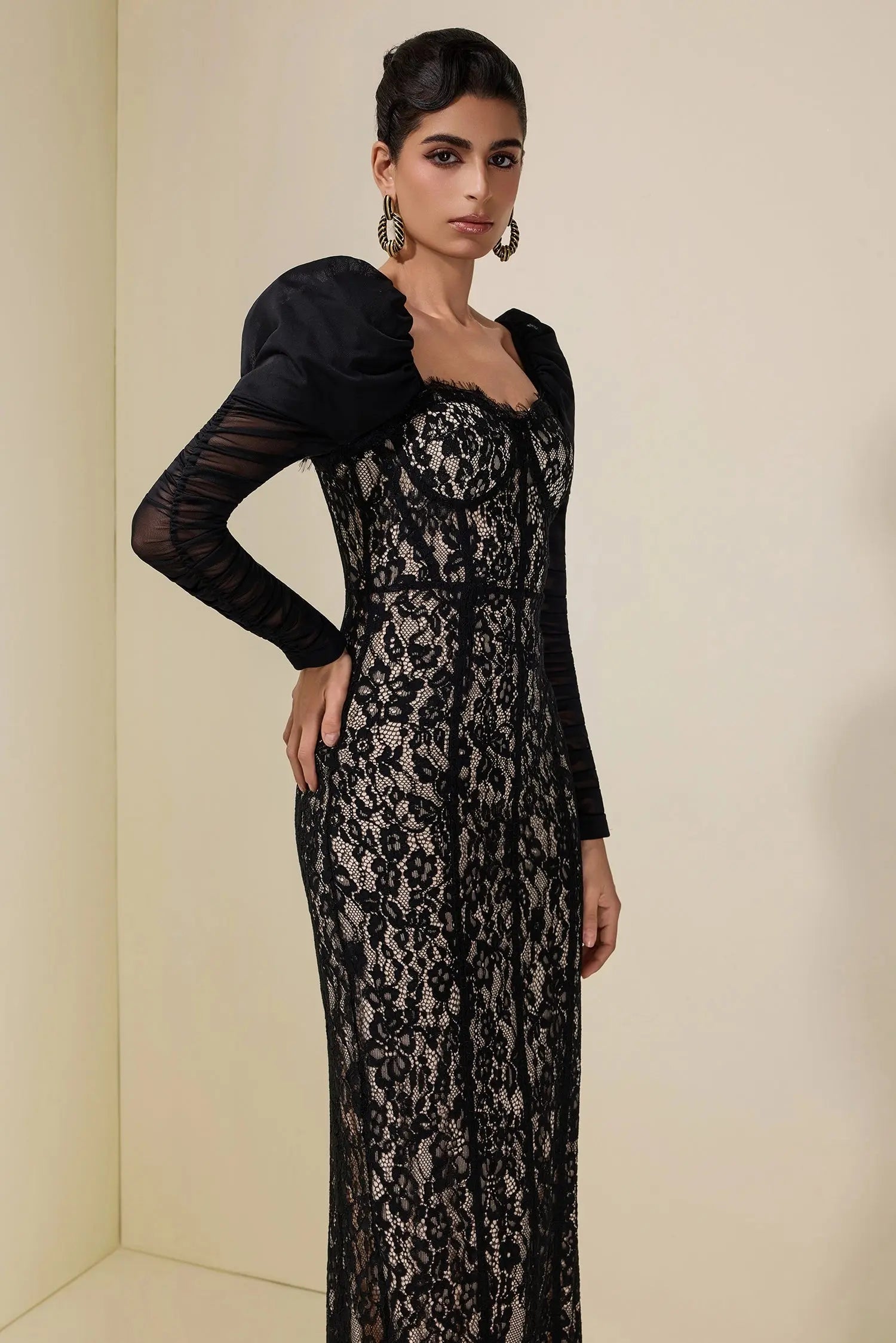 wendy Lace Splicing Mesh Puff Sleeve Midi Dress in black Avalabel