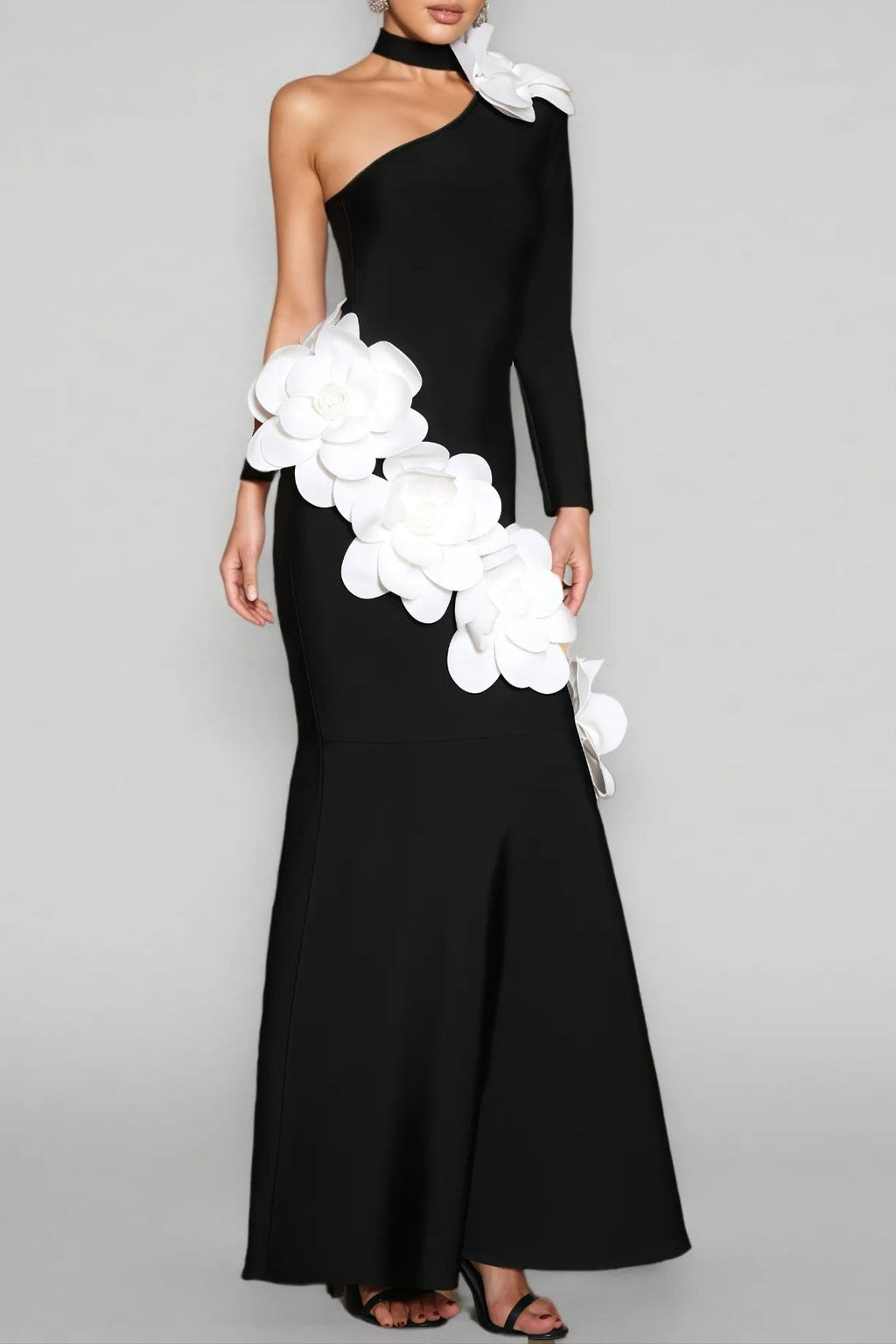 Gemma One Shoulder 3D Flower Bandage Maxi Dress in Black Avalabel