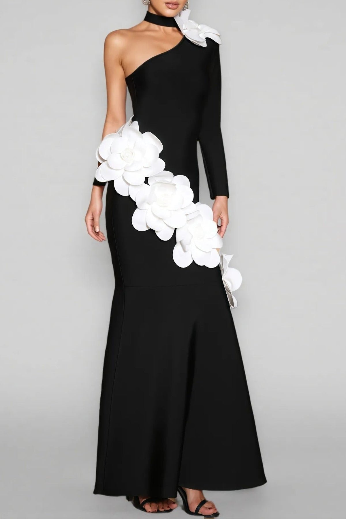 Gemma One Shoulder 3D Flower Bandage Maxi Dress in Black Avalabel