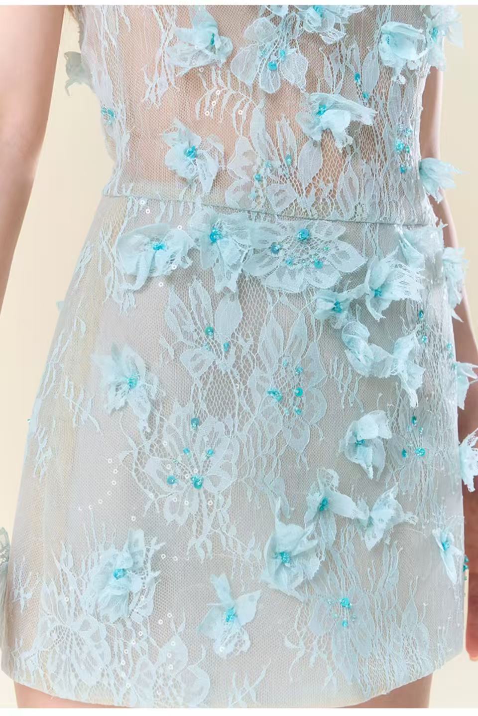 Floral Lace Mini Dress In blue Avalabel