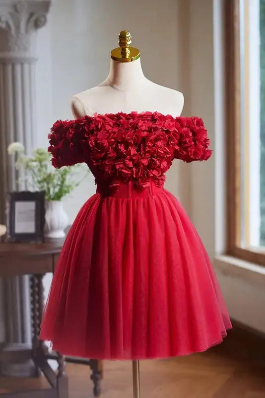 caroline Red 3d Appliques mini Prom Dress Avalabel