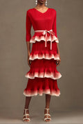 victoria Pleated Round Neck Long Sleeve Falbala Woven Maxi Dress in red Avalabel