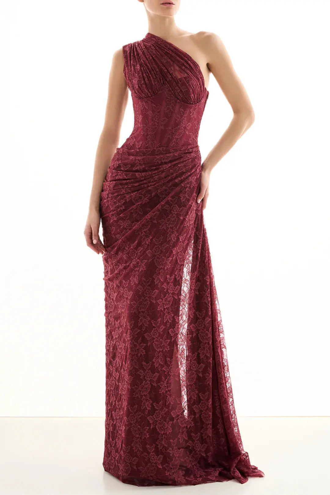 Wendy one-shoulder Lace maxi Dress In Burgundy Avalabel