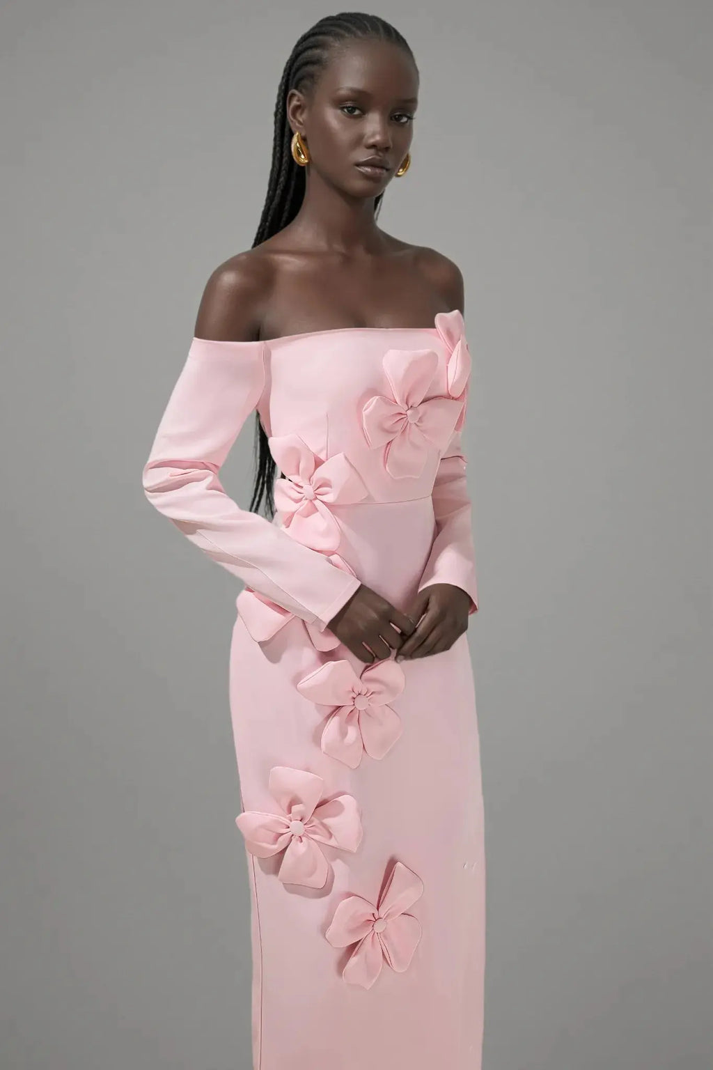 hilary Pink 3D Flower long sleeve strapless Midi Dress Avalabel