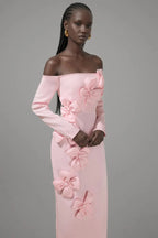 hilary Pink 3D Flower long sleeve strapless Midi Dress Avalabel