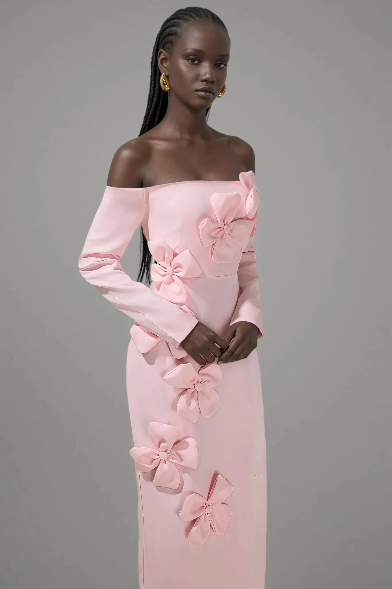hilary Pink 3D Flower long sleeve strapless Midi Dress Avalabel