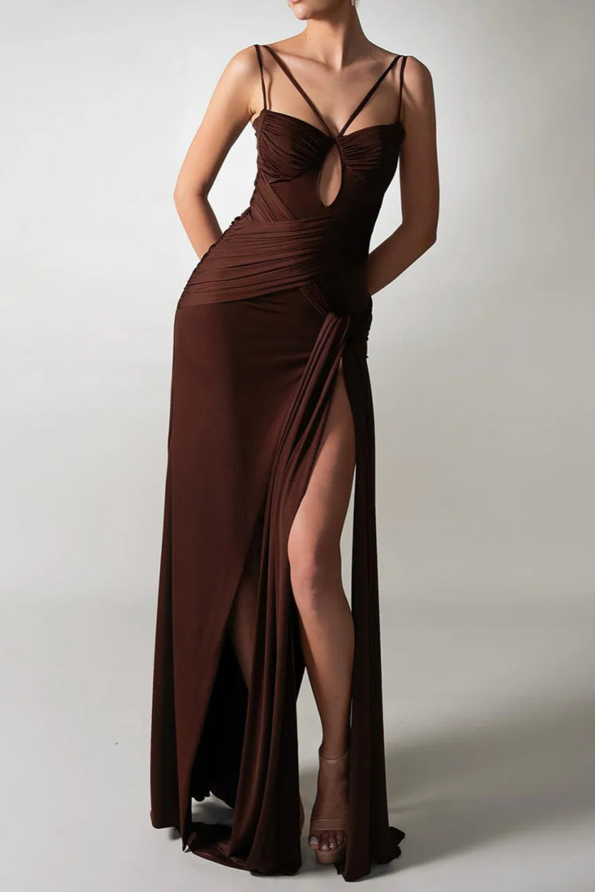 Pleated Strappy Draped Slit Maxi Dress in Brown Avalabel