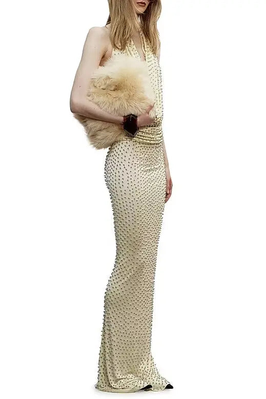 stephanie beading embellished halter backless maxi dress in Butter Avalabel