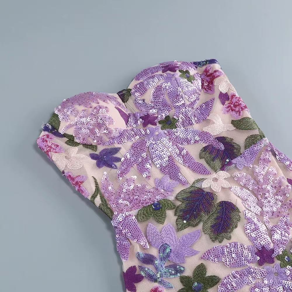 Elara Floral Sequin Embroidered Strapless Maxi Dress - Purple