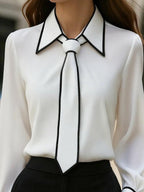 Chic Contrast Trim Tie-Neck Blouse Avalabel