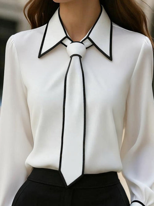 Chic Contrast Trim Tie-Neck Blouse Avalabel