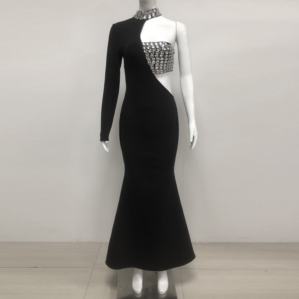 Crystal Embellished One-Sleeve Cut-Out Maxi Dress in black Avalabel