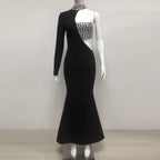 Crystal Embellished One-Sleeve Cut-Out Maxi Dress in black Avalabel
