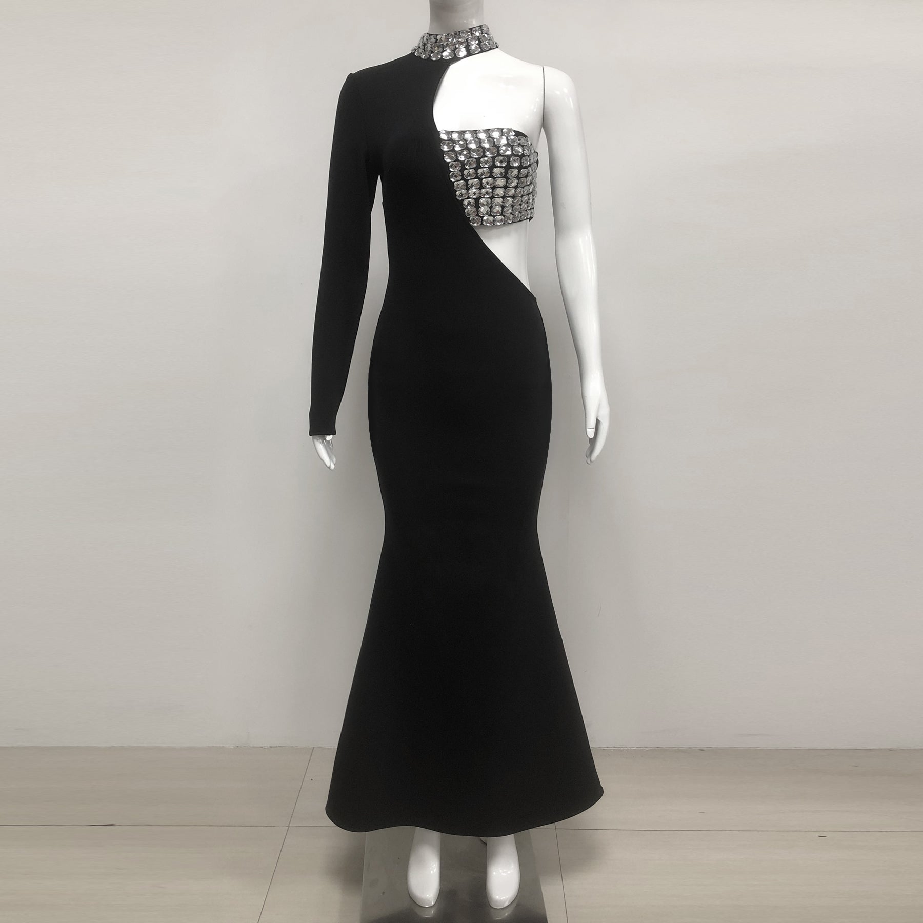 Crystal Embellished One-Sleeve Cut-Out Maxi Dress in black Avalabel
