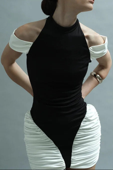 Black-White Panel Sleeveless Gathered Halter Mini Dress Avalabel