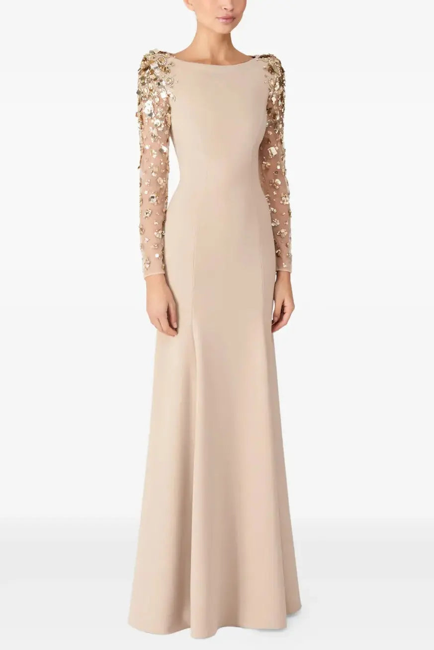 martha Mesh splicing beading diamond maxi dress in apricot Avalabel