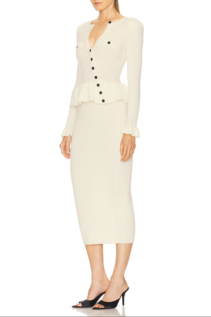 Caroline Asymmetric Knit Midi Dress in Beige