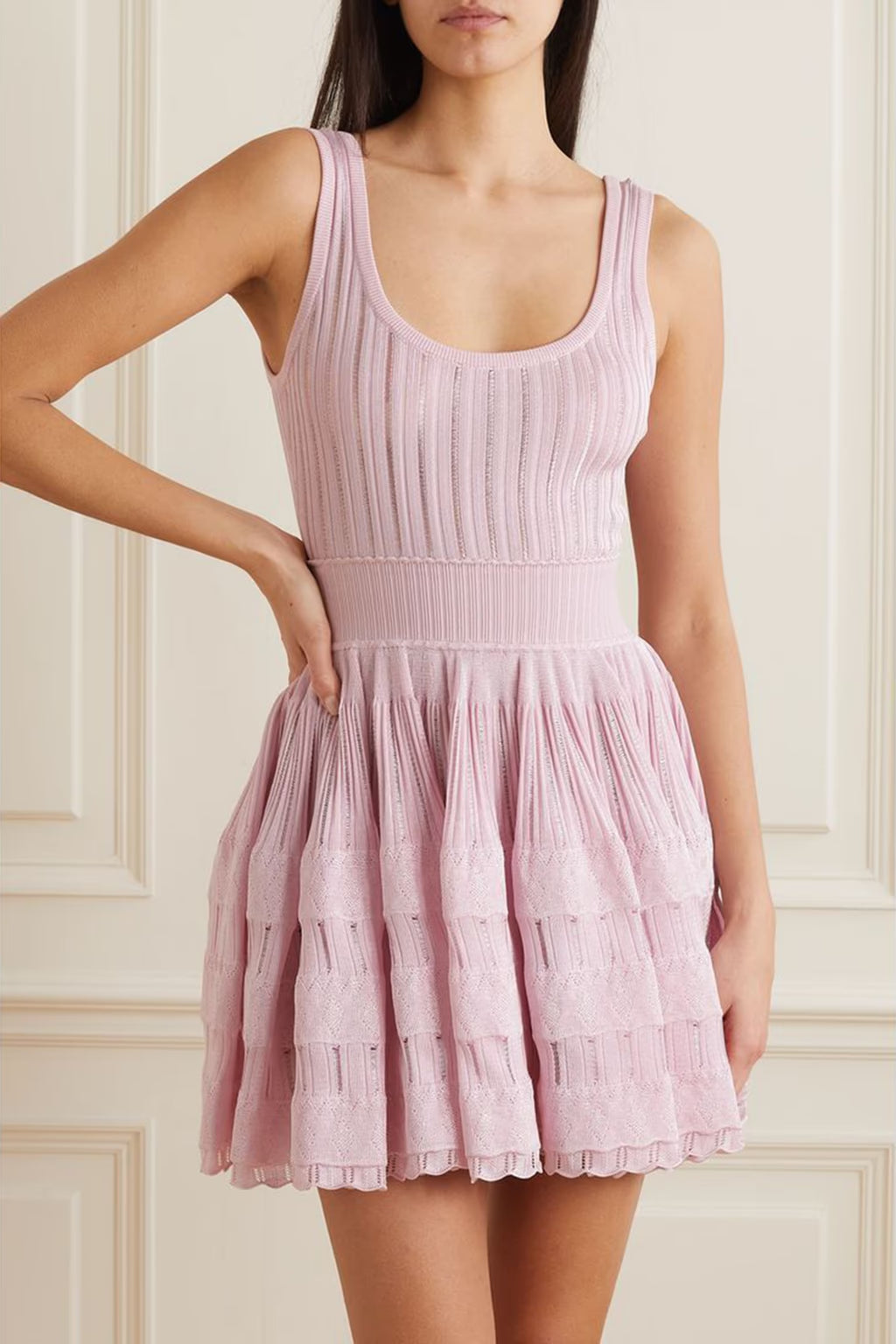 Ribbed Pointelle Knit Mini Dress in Pink Avalabel