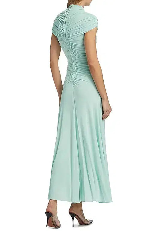 Lillian Gathered High-Neck Maxi Dress in Green Avalabel