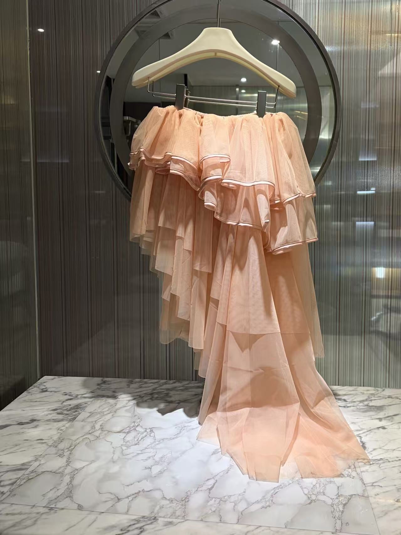 Blush Spaghetti Strap 3D Floral Corset Top & High Low Tiered Tulle Skirt Set Avalabel