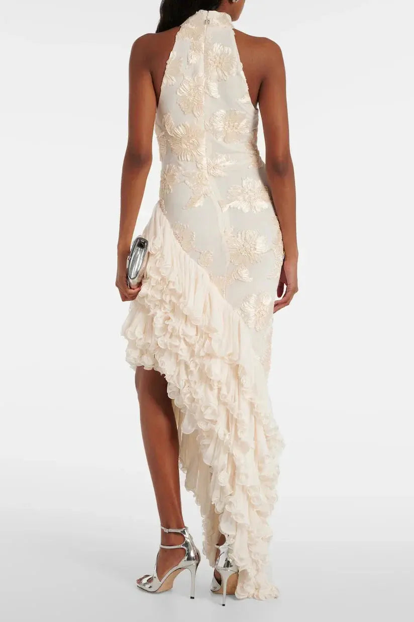 roberta white Asymmetric appliqué halter sleeveless midi dress Avalabel