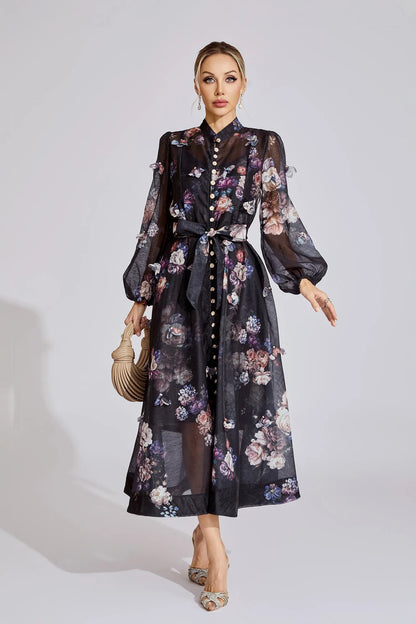 Tiffany Black Floral Printed Puff Sleeve Maxi Dress
