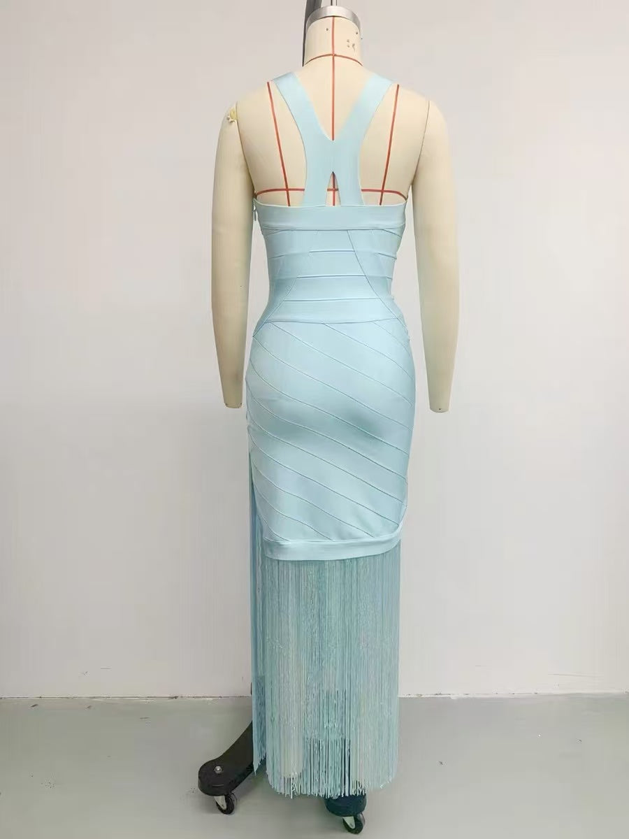 Light Blue Bandage Fringe Midi Dress Avalabel