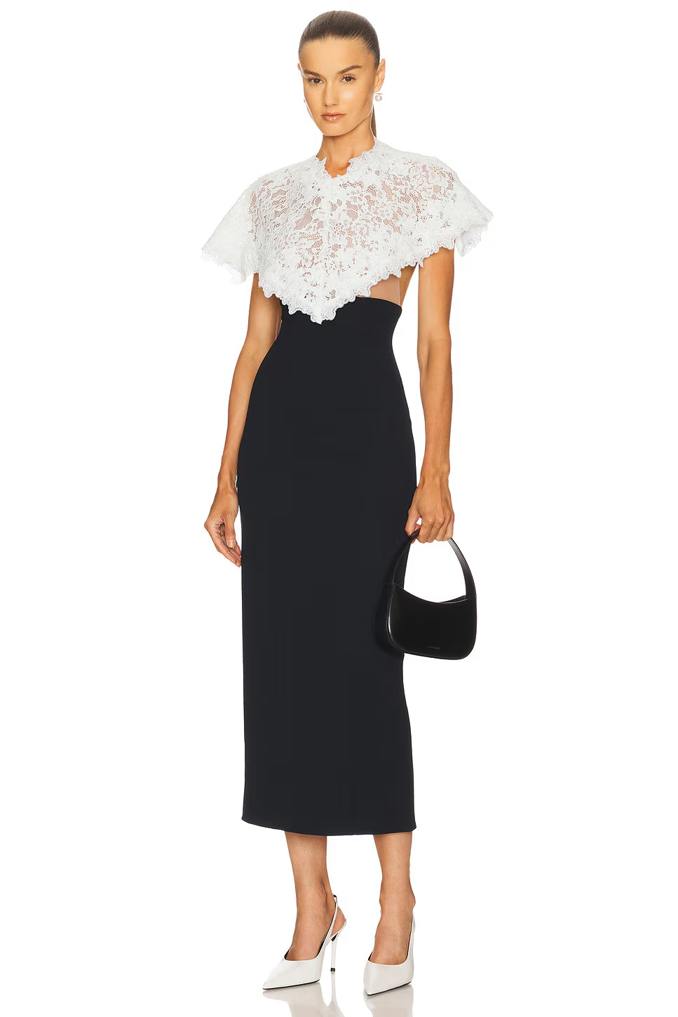 alice lace patchwork shawl bodycon midi dress in black Avalabel