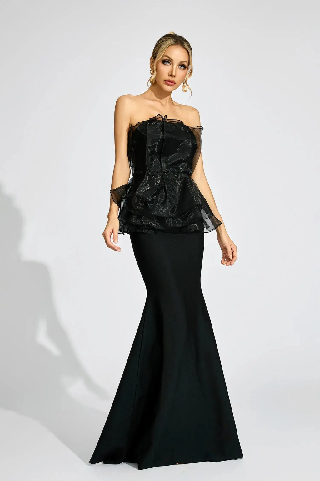 lorraine Black Peplum strapless maxi Dress Avalabel