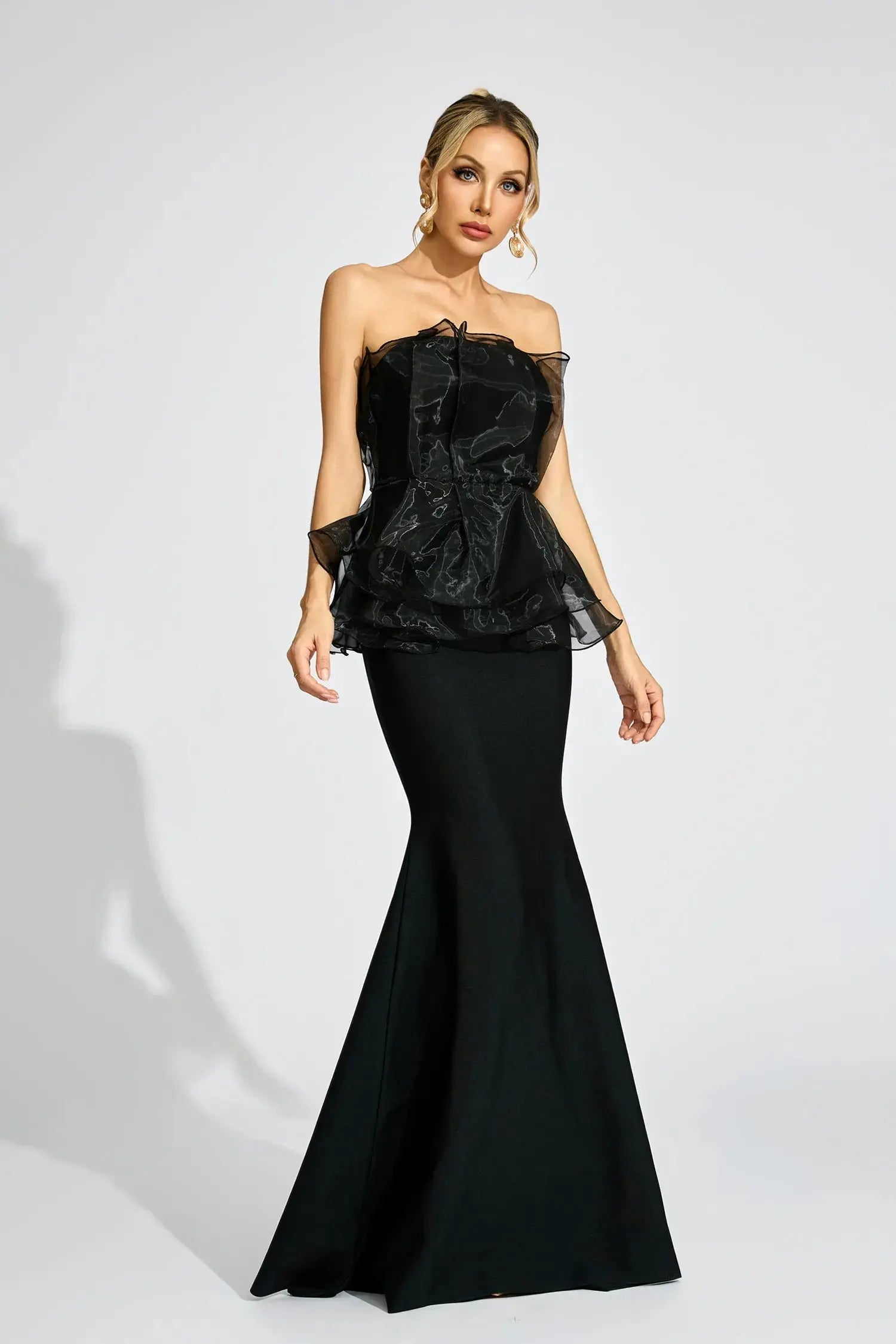 lorraine Black Peplum strapless maxi Dress Avalabel